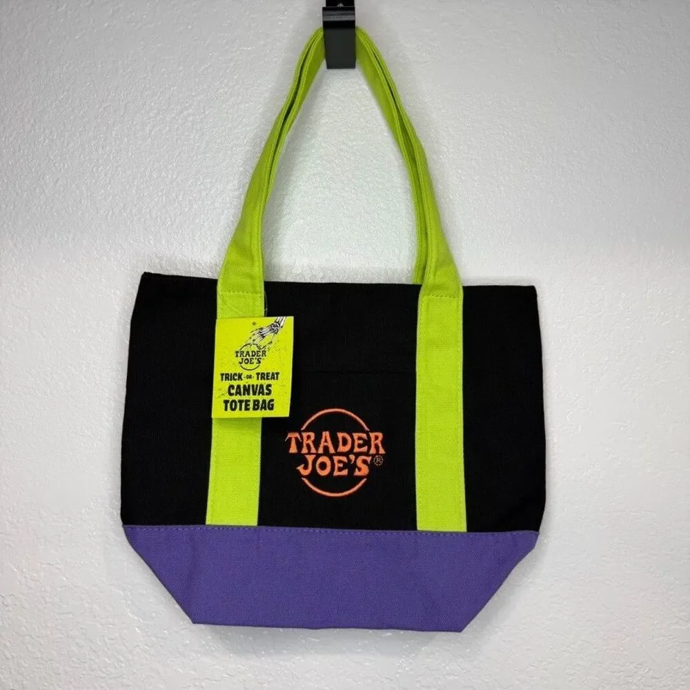 Trader Joes Mini Canvas Tote Bag Halloween Black Green Purple Limited Edition